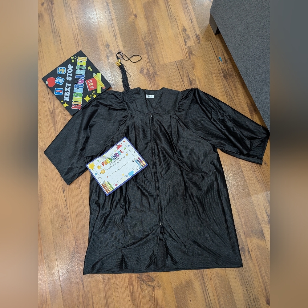New Black Preschool Graduation Gown With Hat, Certificate